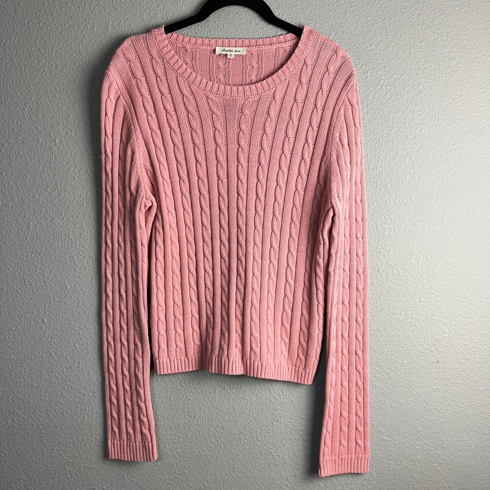 Another Love Cable Knit Sweater Self Rib Band Pullover Long SL Woodrose Pink Lg